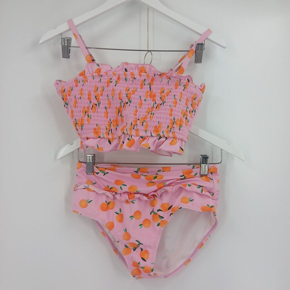 Womens size Small Pink Orange Floral bikini Swimsuit 2 Piece Ruffle Set swimwear